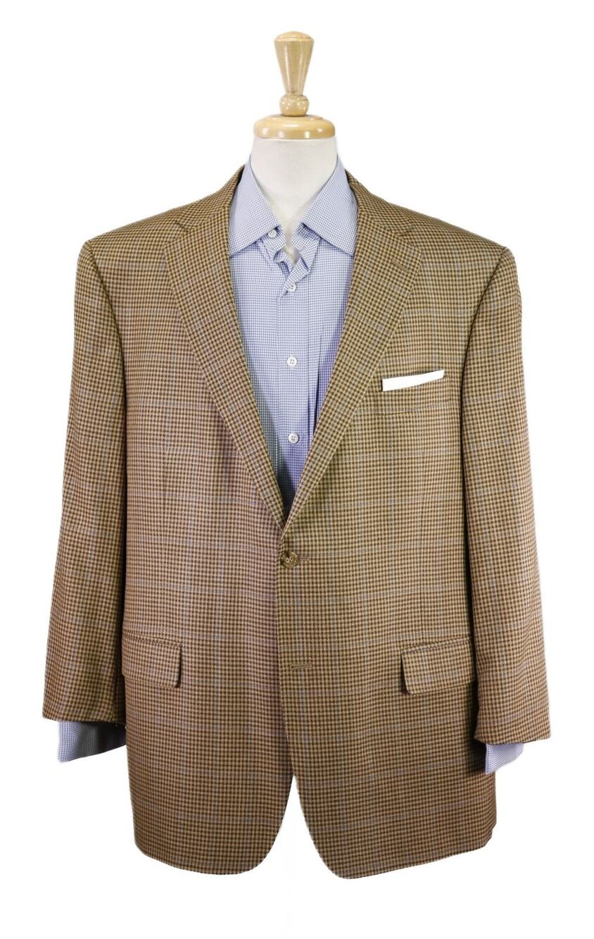 Hart Schaffner Marx Gold Brown Blue Check Windowpane Wool Sportcoat Blazer 48R